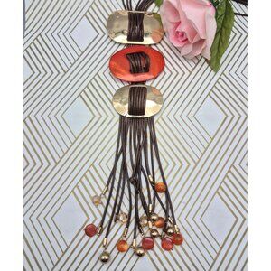 Jules Brown Cord Statement Necklace Gold Tone & Orange with Dangle Beads